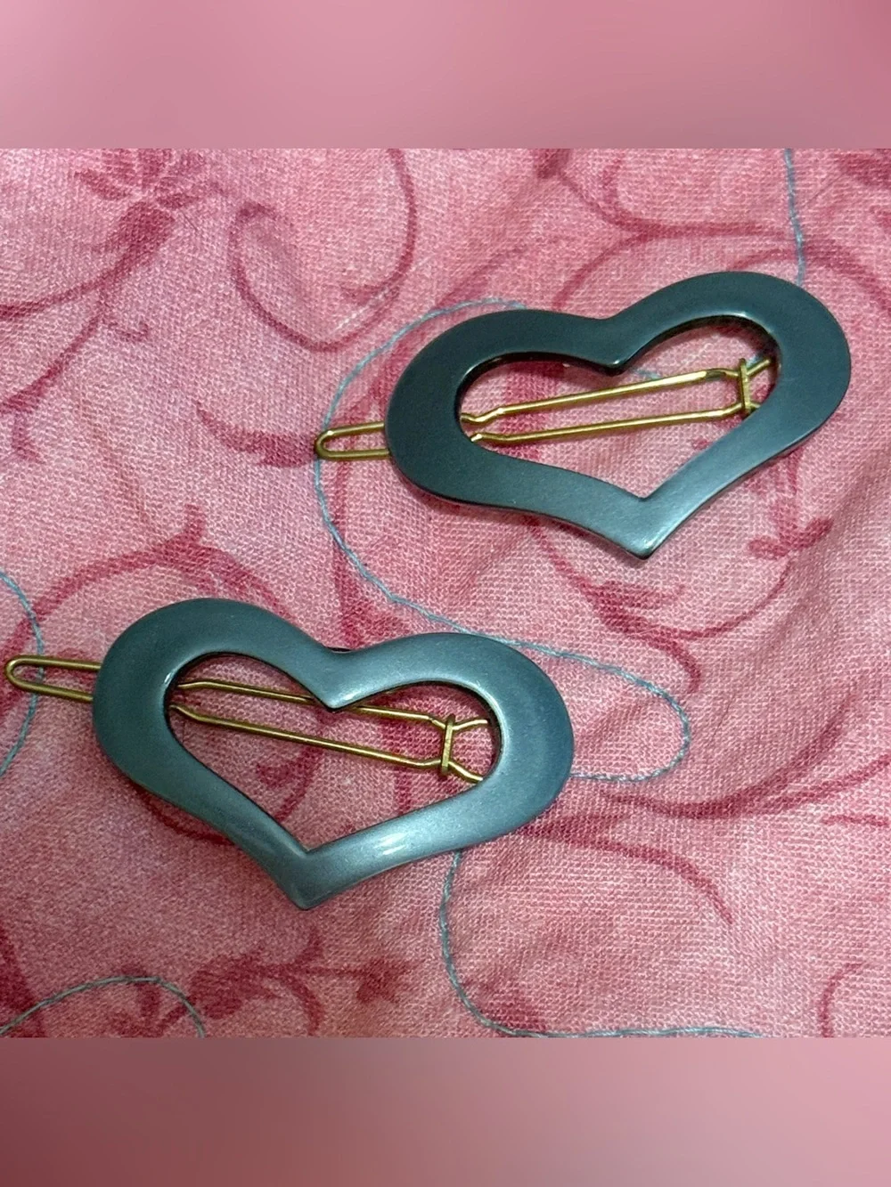 Vintage Pearlescant Blue French Heart Shaped Barrettes, Deadstock